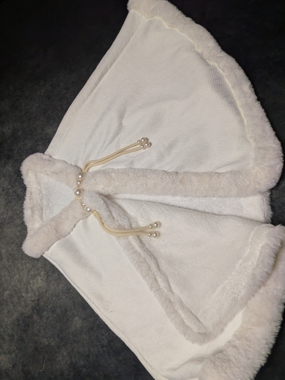 White Formal Faux Fur Trim Hooded Cape with Pearl Ties